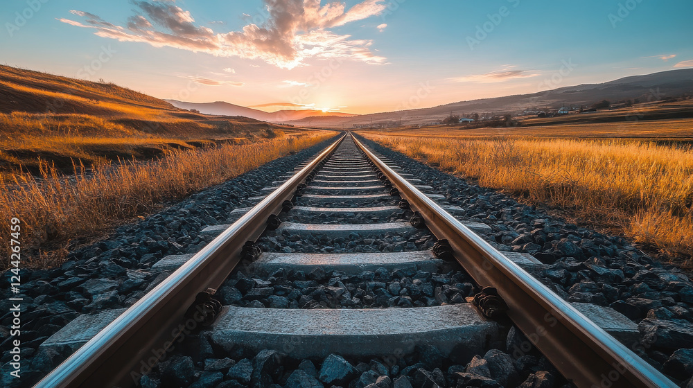 Fototapeta premium A serene railway track stretches into the sunset, surrounded by golden fields.