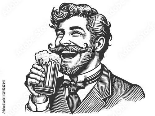 Worker Drinking Beer engraving vector illustration