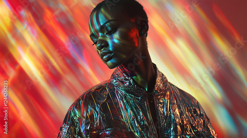 Retro-futuristic fashion showcasing a model in cyberpunk-inspired