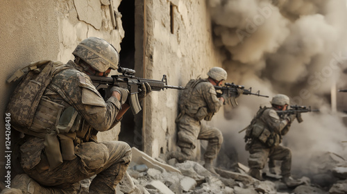 A battle-damaged urban landscape with broken buildings, shattered glass, and smoke, as exhausted soldiers in worn combat gear crouch behind crumbling walls, focused and gripping their weapons