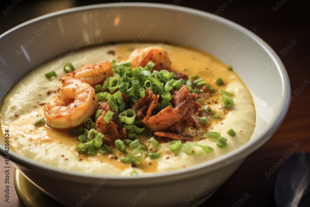 Creamy Shrimp and Grits Bowl with Cajun Butter and Cheddar Cheese. Homemade Cooking with Cooked Shrimps, Corn and Crawfish Creamy Shrimp and Grits Bowl with Cajun Butter and Cheddar Cheese. Homemade Cooking with Cooked Shrimps, Corn and Crawfish