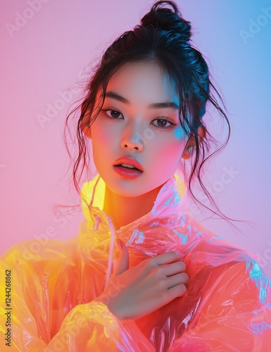 Radiant portrait of a woman in neon colors against a vibrant background