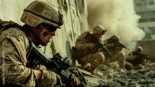 A battle-damaged urban landscape with broken buildings, shattered glass, and smoke, as exhausted soldiers in worn combat gear crouch behind crumbling walls, focused and gripping their weapons
