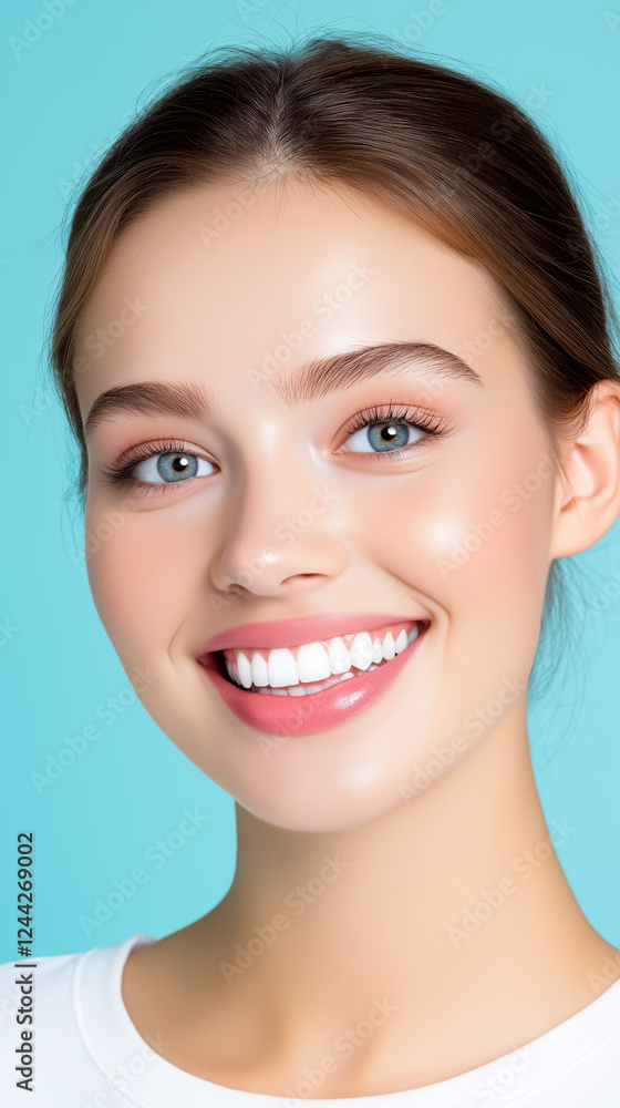 Obraz premium Smiling woman with glowing skin and blue eyes poses against a blue background