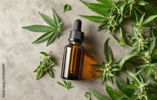 Brown glass dropper bottle surrounded by cannabis leaves and buds on a gray s...