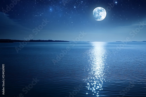 A serene estuary at night with moonlight sparkling on calm waters under a vivid starry sky.