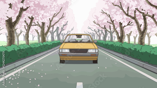 Yellow Car Driving Under Cherry Blossoms