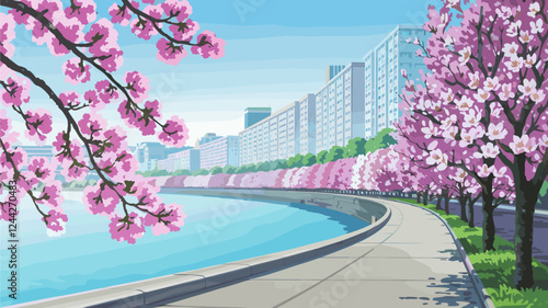 Cherry Blossoms Waterfront Cityscape