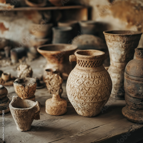Collection of ancient ceramic pottery and artifacts displayed on a wooden surface, with intricate patterns and weathered textures, set in a rustic environment