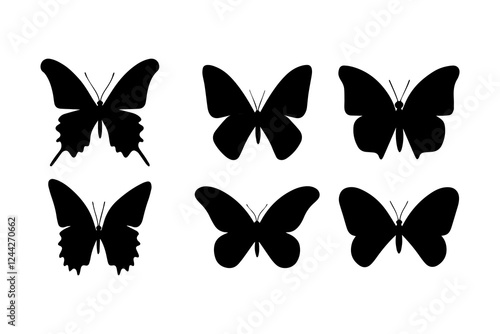 Black butterflies collection. Silhouettes, isolated on white background. Vector illustration.