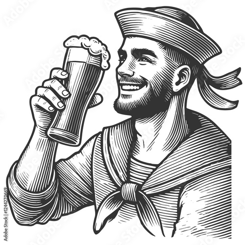 Cheerful Sailor Drinking Beer engraving vector