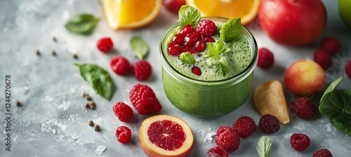 Freshly prepared green smoothie with fruits and berries on a gray countertop