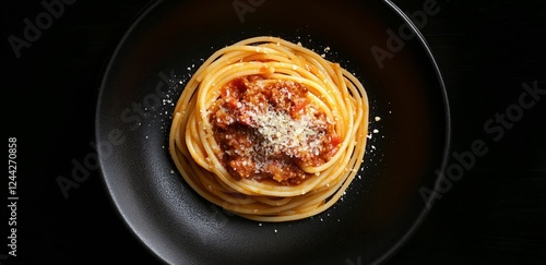 Delicious spaghetti with meat sauce and cheese served on a dark plate