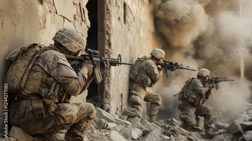 A battle-damaged urban landscape with broken buildings, shattered glass, and smoke, as exhausted soldiers in worn combat gear crouch behind crumbling walls, focused and gripping their weapons