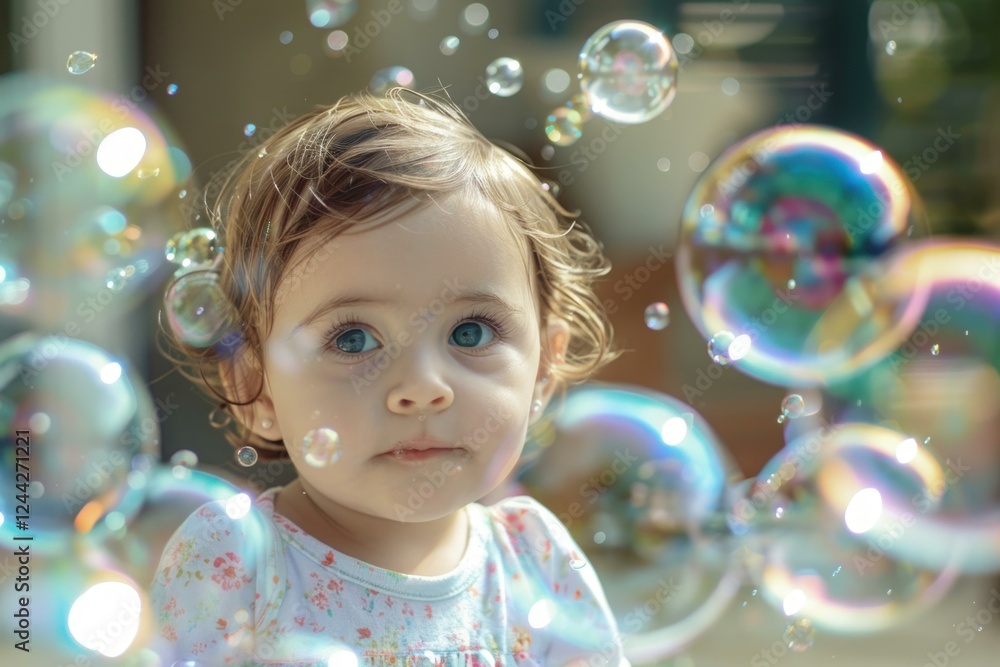 Portrait of cute baby girl having fun with soap bubbles in a sunny day Portrait of cute baby girl having fun with soap bubbles in a sunny day