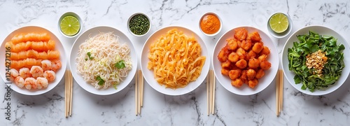 Shrimp noodles and mixed dishes served on a marble table with lime and chopst...