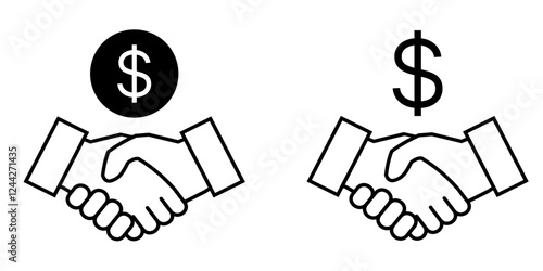 Business handshake with dollar symbol icons, handshake icon set, partnership deal icon, business agreement, deal icon, money and coin icons, successful deal, vector illustration, dollar icon.