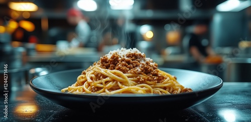 Fresh spaghetti served with meat sauce in a bustling kitchen environment duri...