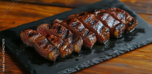 Sliced grilled steak displayed on a black stone plate for a mouth-watering di...