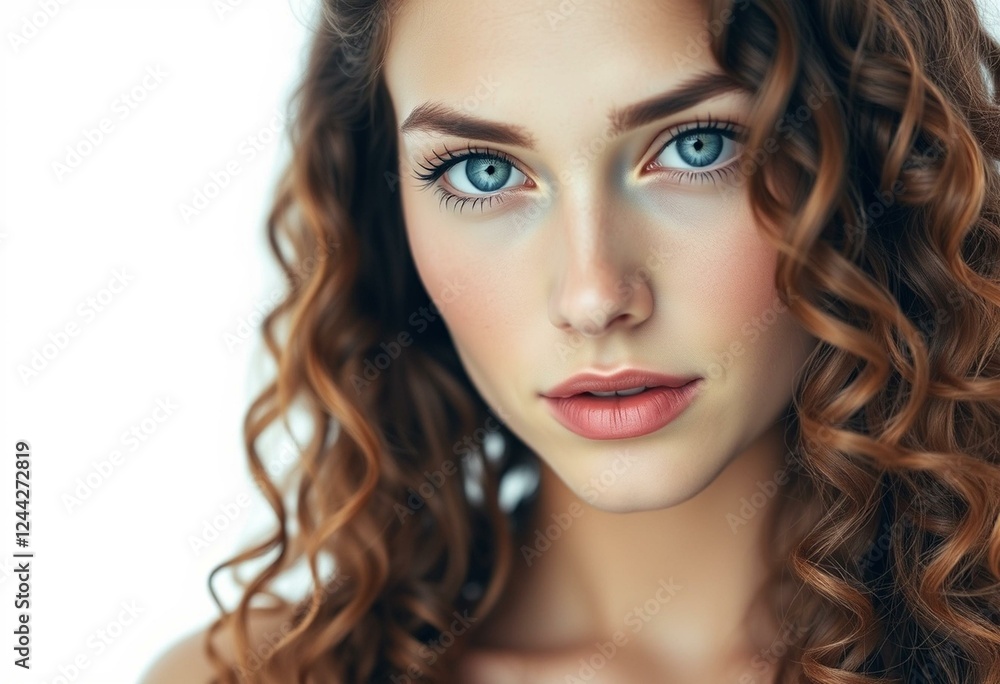 Photorealistic female portrait with brown hair and blue eyes Photorealistic female portrait with brown hair and blue eyes