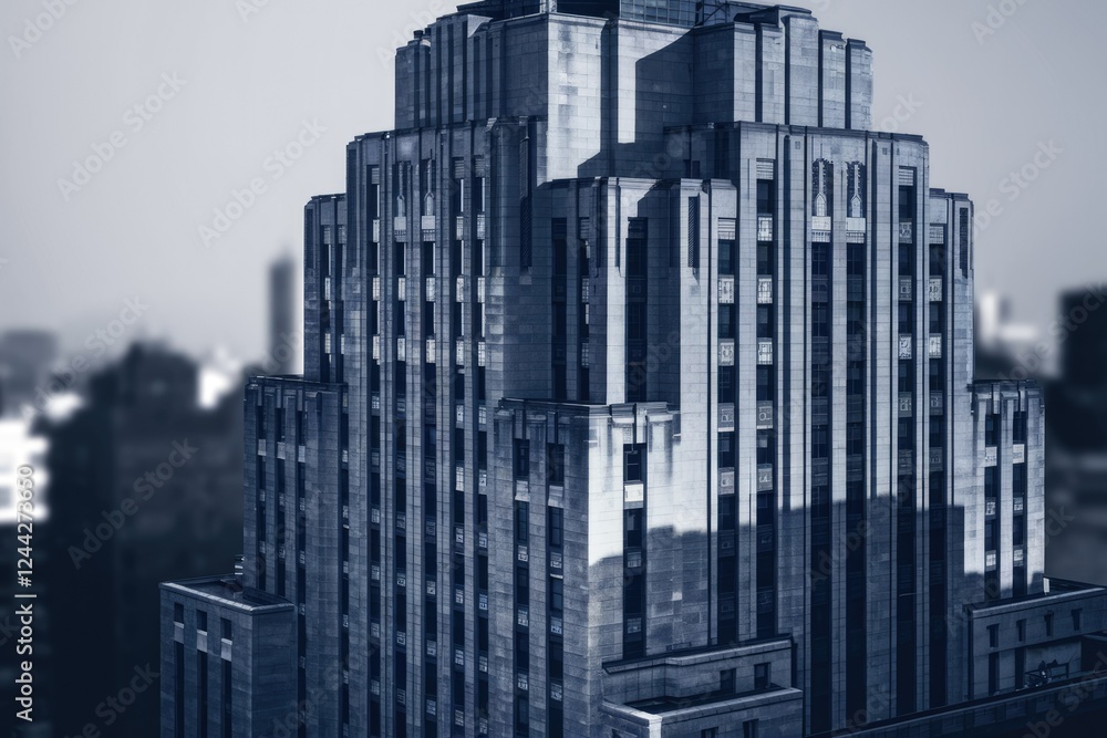 Fototapeta premium A majestic Art Deco skyscraper dominates the cityscape, showcasing intricate architectural details and a commanding presence.