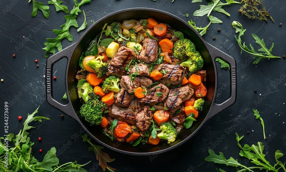 Delicious beef stew with fresh vegetables prepared in a cast iron pot during cooking session Delicious beef stew with fresh vegetables prepared in a cast iron pot during cooking session