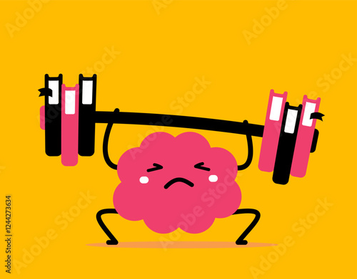 Vector cartoon education illustration of strong brain character lift difficult weight up hardly on color background. Flat doodle style design of healthy brain exercise with book barbell