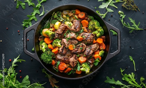 Delicious beef stew with fresh vegetables prepared in a cast iron pot during ...
