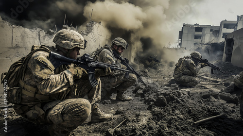 A battle-damaged urban landscape with broken buildings, shattered glass, and smoke, as exhausted soldiers in worn combat gear crouch behind crumbling walls, focused and gripping their weapons