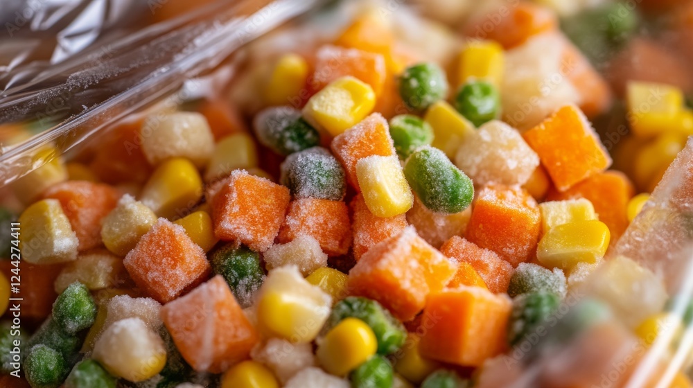 Frozen Mix of Diced Carrots, Corn, and Green Beans in Plastic Bag Frozen Mix of Diced Carrots, Corn, and Green Beans in Plastic Bag