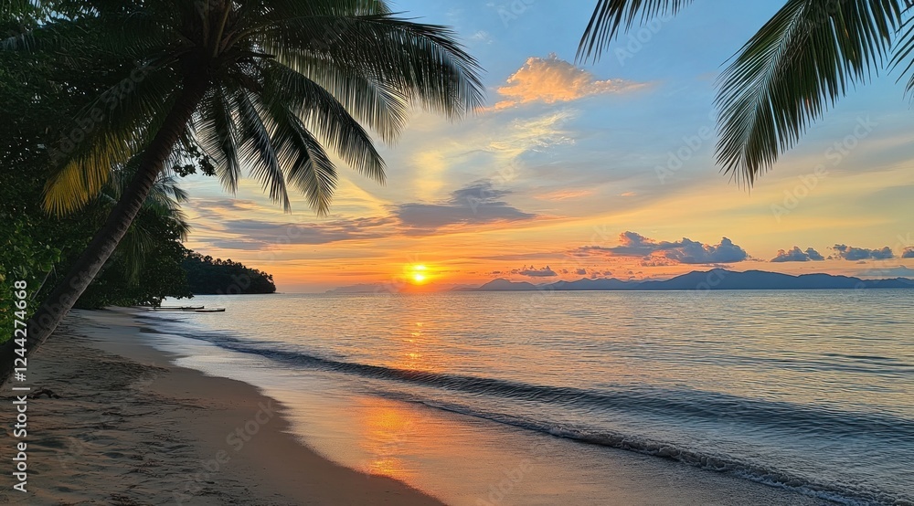 Fototapeta premium Sunset Paradise: Tropical Beach Serenity