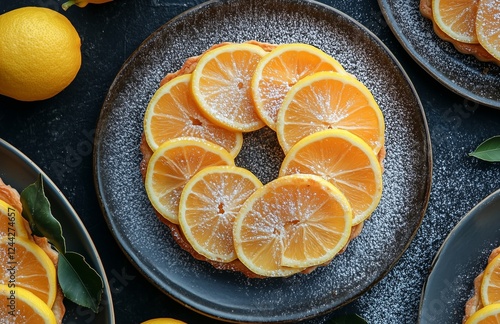 Delicious lemon tart adorned with fresh lemon slices on a dark plate