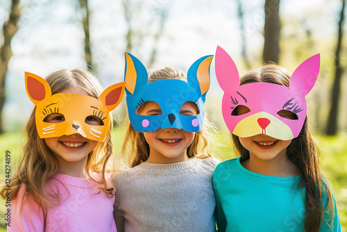 Group of children enjoying while wearing colorful cardboard animal masks.