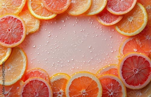 Colorful citrus fruit slices arranged with droplets on a light background for...