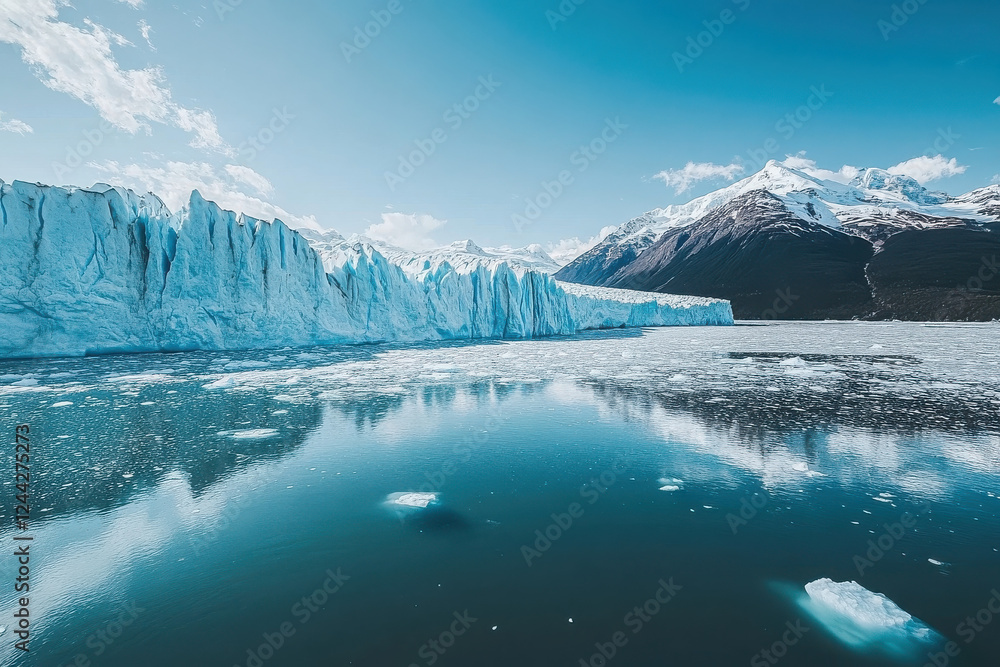 A stunning view of a glacier with icy waters and mountainous backdrop under a clear sky. A stunning view of a glacier with icy waters and mountainous backdrop under a clear sky.