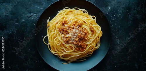 Delicious spaghetti with meat sauce served in black bowl on dark background