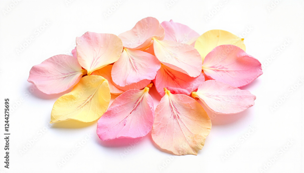 Fototapeta premium Pastel petals arranged beautifully on white background, delicate elegance