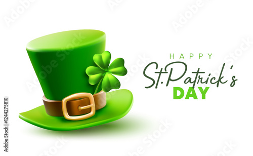 Vector illustration of leprechaun green hat with buckle and irish clover with happy saint patricks day word. 3d style design of leprechaun hat and shamrock on white background for st patrick day