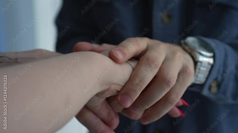 A man provides psychological support to a woman holding her hand.
A man holds a girl's hand.
Man and woman holding hands.
Male and female hand A man provides psychological support to a woman holding her hand.
A man holds a girl's hand.
Man and woman holding hands.
Male and female hand