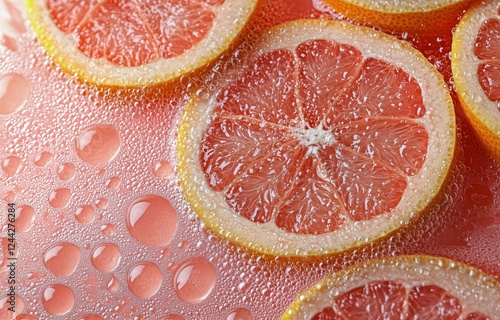 Bright grapefruit slices in sparkling water with droplets on a vibrant backgr...