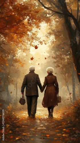 Elderly couple enjoys a quiet walk hand in hand through an autumn forest