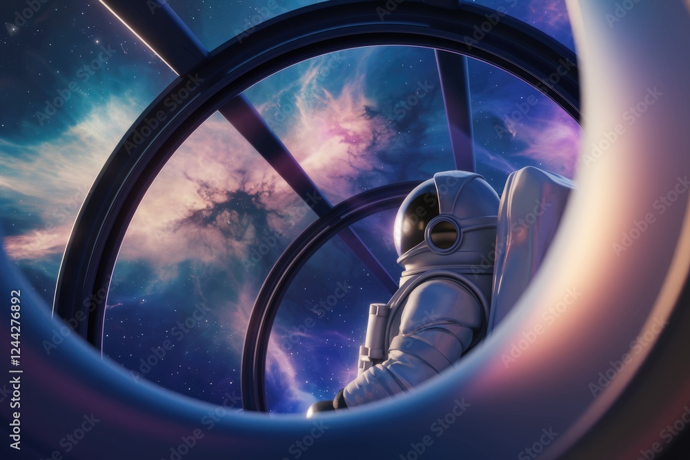 A lone astronaut gazes out at a breathtaking nebula from a futuristic spaceship window. A lone astronaut gazes out at a breathtaking nebula from a futuristic spaceship window.
