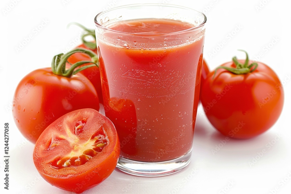 Glass of refreshing tomato juice surrounded by ripe red tomatoes, promoting healthy eating and natural beverages Glass of refreshing tomato juice surrounded by ripe red tomatoes, promoting healthy eating and natural beverages