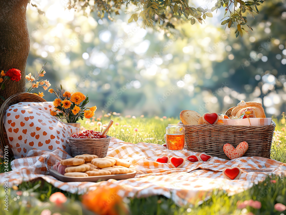 Charming picnic setup featuring heart-shaped cookies and delightful treats