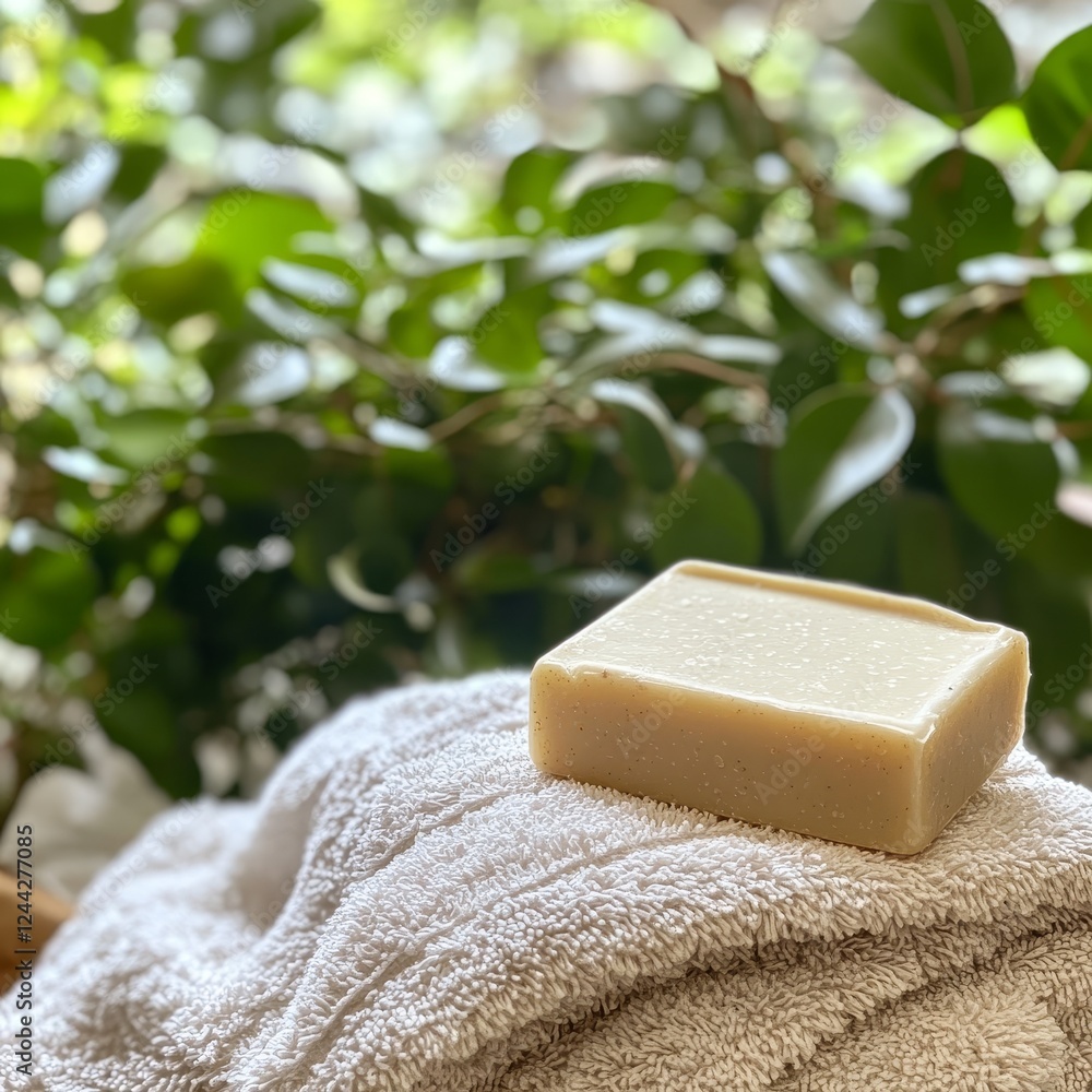 Soap bar with towel on the background of green tropical plants. Soap bar with towel on the background of green tropical plants.