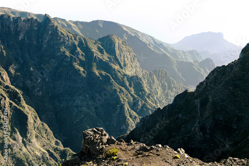 Mountain landscape with lines of mountains, trekking in Pico do Arieiro
