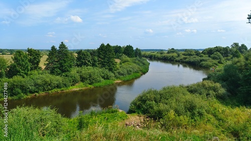 Obraz na płótnie The river makes a turn among grassy banks with shrubs and trees