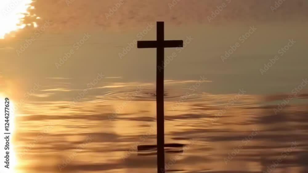 Silhouette of a cross standing in water against a dramatic golden sunset. Concept of faith and reflection Silhouette of a cross standing in water against a dramatic golden sunset. Concept of faith and reflection