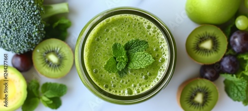 Refreshing green smoothie made with fruits and vegetables in a glass jar on a...