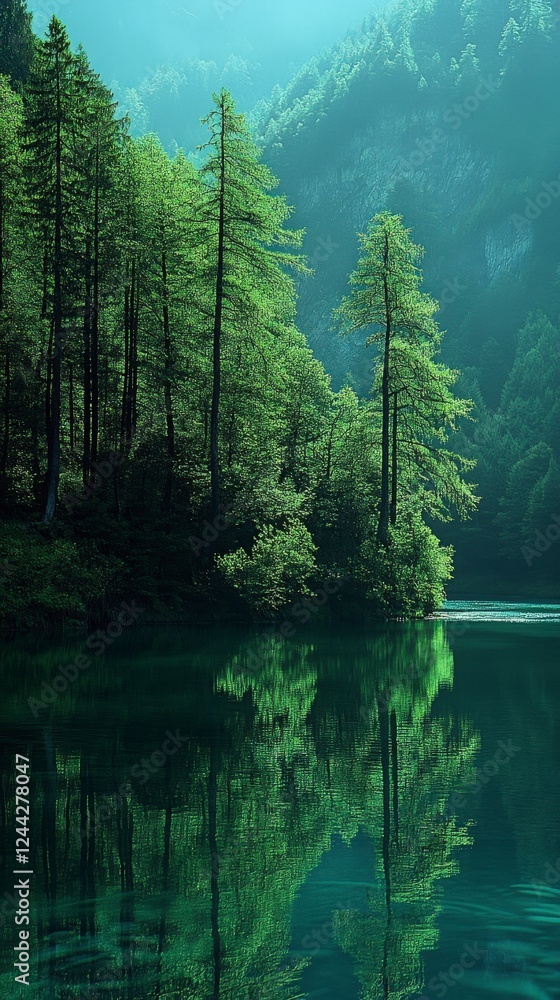 Serene Forest Lake Scenery: Misty Mountains and Lush Green Foliage Reflecting on Calm Water Serene Forest Lake Scenery: Misty Mountains and Lush Green Foliage Reflecting on Calm Water